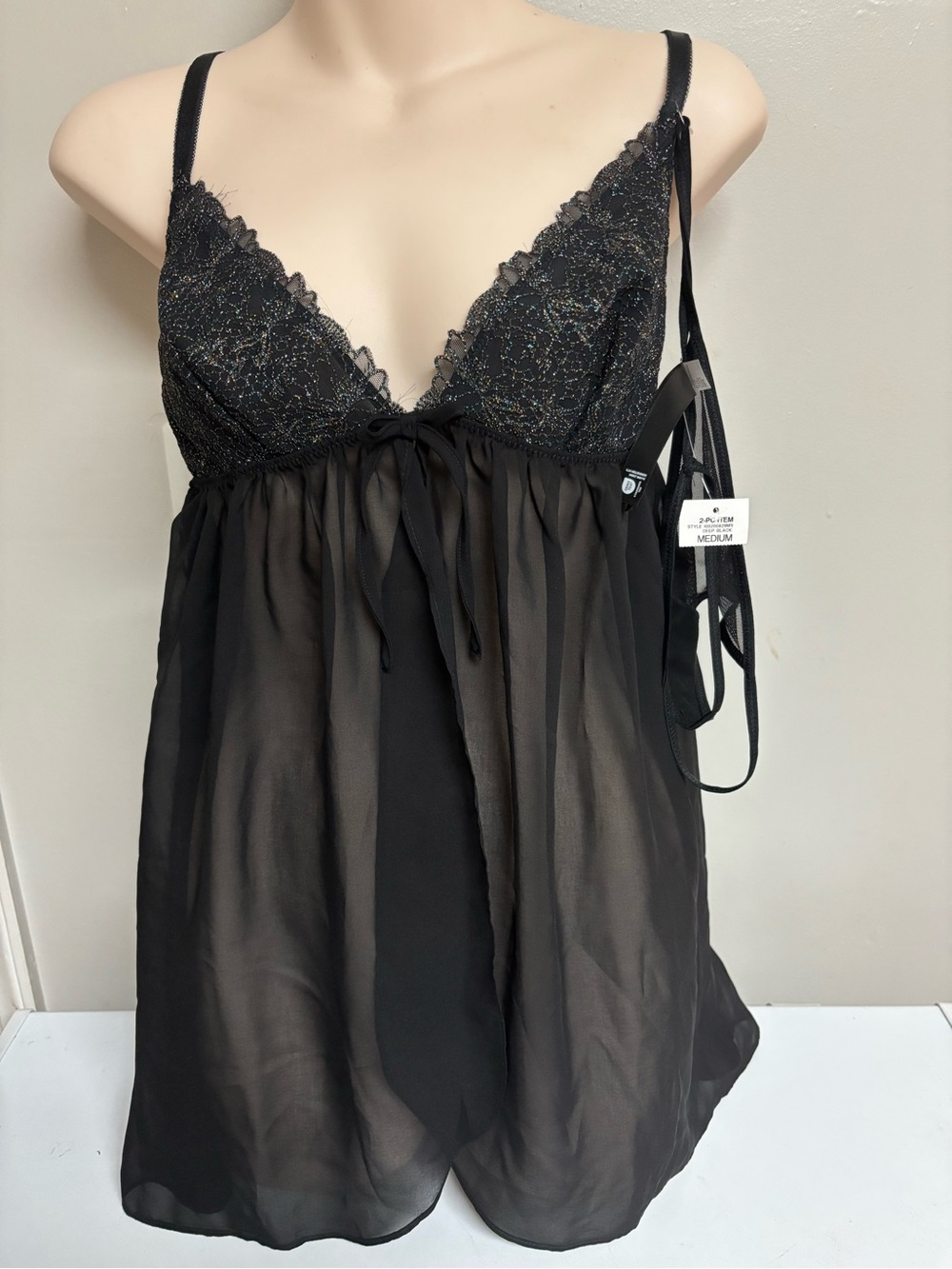 2 Pc Sheer Lace Babydoll Chemise Nightgown - Black with Matching Thong